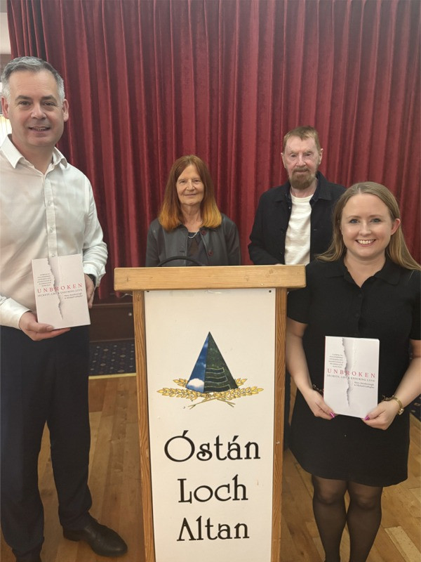 Deputy Sinn Féin Leader, Pearse Doherty, and Mairéad Farrell, T.D. launching Unbroken, with the authors, Mary Attenborough and Michael Gallagher in July 2025 at the Óstán Loch Altan, Gort a' Choirce, Donegal, Ireland